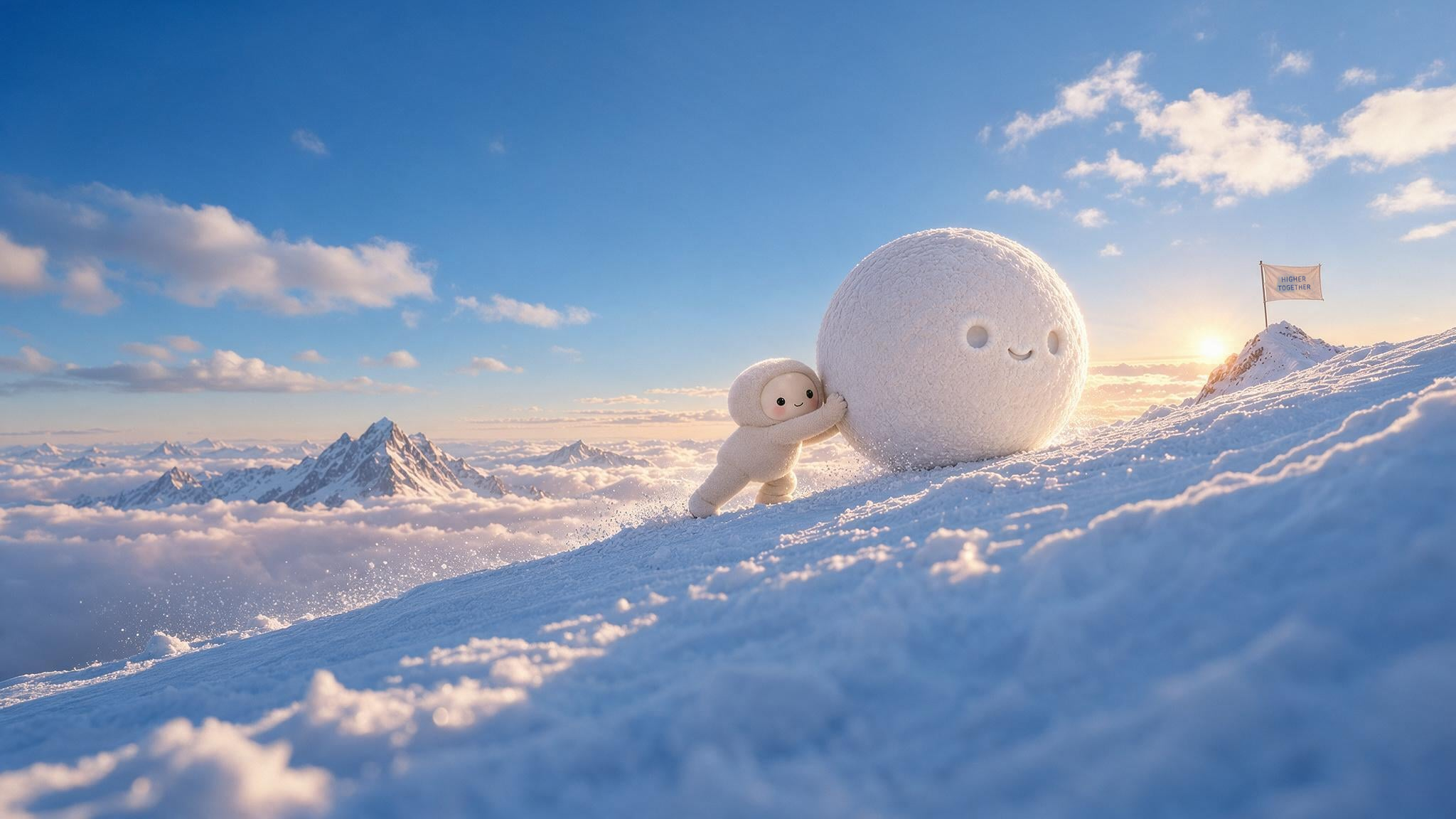 A little cream plush Muse pushing a giant smiling snowball through a snowy landscape